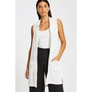 Joh Apparel Linen Cardigan Duster Kimono Size Large White Navy Stripe Raw Edge